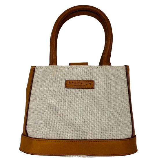 Reaction Kenneth Cole Mini Purse Beige Canvas Leather Trim - Picture 1 of 13